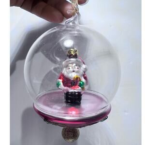 Santa Glass Dome Finial Ornament with Box, Red Glittered Base & Jewels Vintage